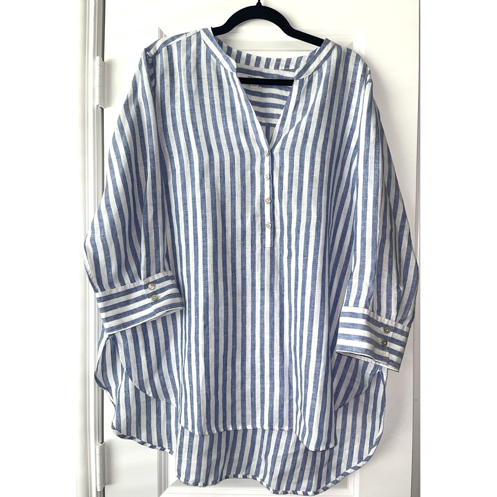 Chico's Linen Tunic Top 3 XL Blue White Stripe Coastal High Low 100% Linen NWOT - Picture 2 of 4